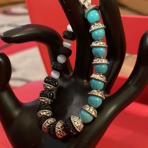 Genuine turquoise beads with Mail black stone beads and mother of pearl.Sterling